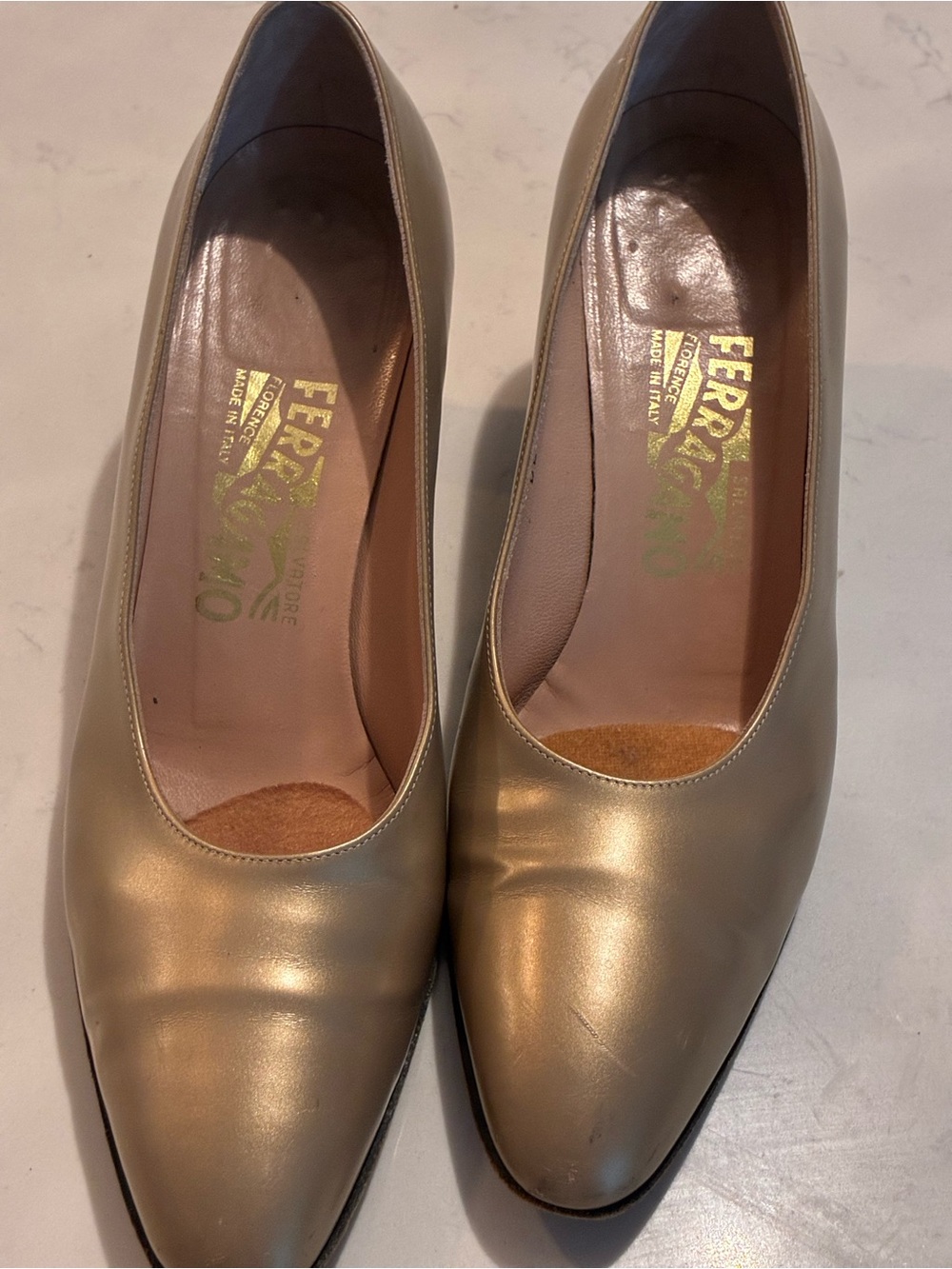 Salvatore Ferragamo Metallic Gold Pointed-Toe Pumps